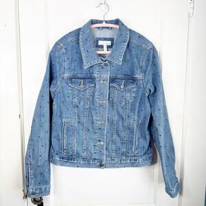LOFT Collared Long Sleeve Polka Dot Denim Jacket Stretch Size Large L Preppy
